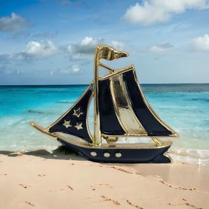 Sailboat Nautical Brooch Signed R.N.K. Pin Gold Tone Blue Enamel Beach Yacht